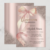 Chic Pink Bow Glitter Rose Gold Quinceañera 招待状 (正面/裏面)