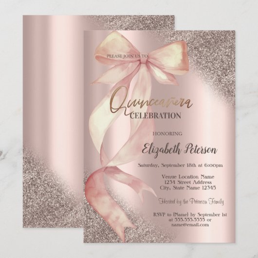 Chic Pink Bow Glitter Rose Gold  Quinceañera 招待状 (正面/裏面)