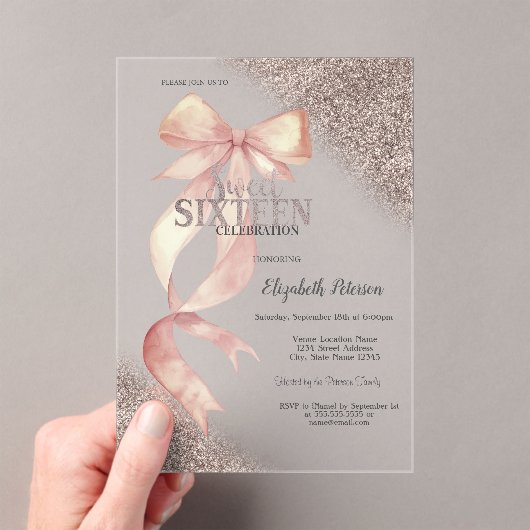 Chic Pink Bow Glitter Rose Gold Sweet 16 アクリル招待状 (インサイチュ (ポータブル))