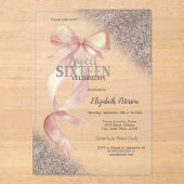 Chic Pink Bow Glitter Rose Gold Sweet 16 アクリル招待状 (正面)