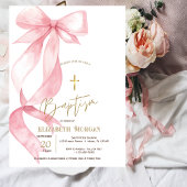 Chic Pink Bow Gold Cross Baptism 招待状