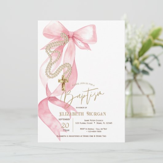 Chic Pink Bow Pearls Cross Baptism 招待状 (スタンド正面)