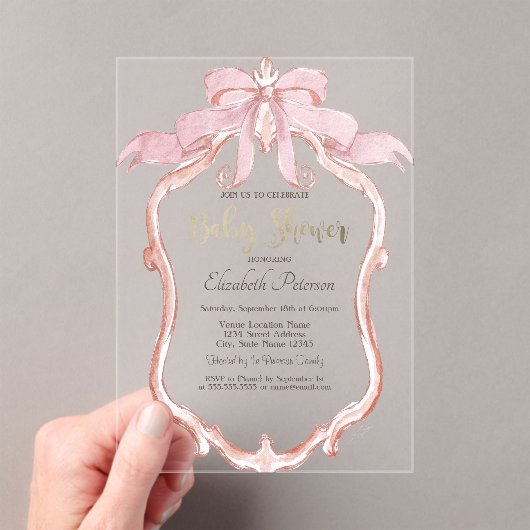 Chic Pink Bow Retro Frame Baby Shower  アクリル招待状 (インサイチュ (ポータブル))
