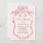 Chic Pink Bow Retro Frame Striped Baby Shower 招待状 (正面)