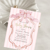 Chic Pink Bow Retro Frame Striped Baby Shower 招待状