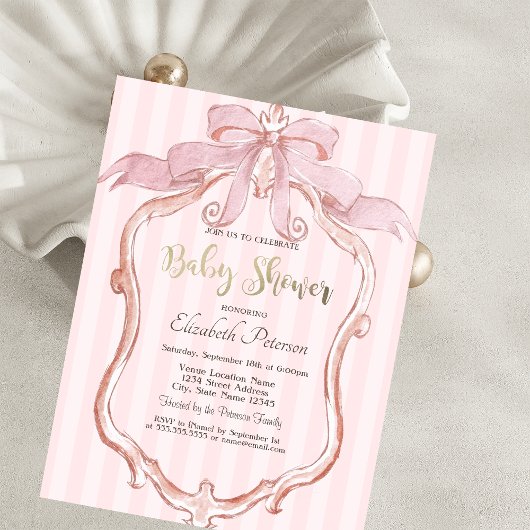 Chic Pink Bow Retro Frame Striped Baby Shower 招待状