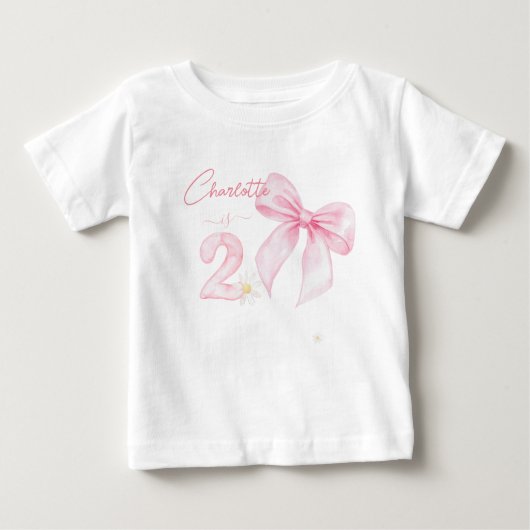 Chic Pink Bow Ribbon 2 Two 2nd Birthday ベビーTシャツ (正面)