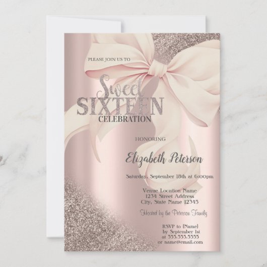 Chic Pink Bow Rose Gold Sweet 16 招待状 (正面)