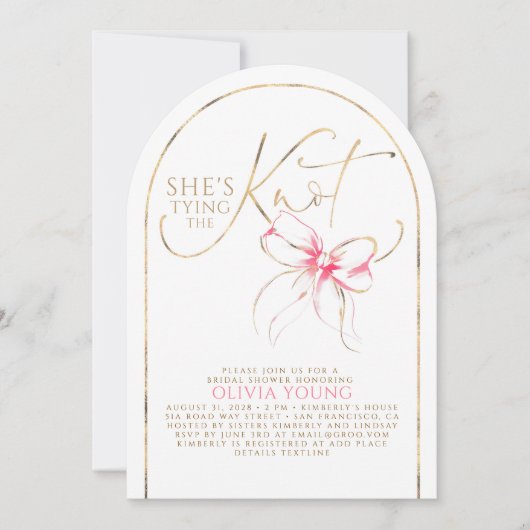 Chic Pink Bow She's Tying The Knot Bridal Shower 招待状 (正面)