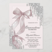 Chic Pink Bow Silver Glitter Drips Quinceañera 招待状 (正面/裏面)