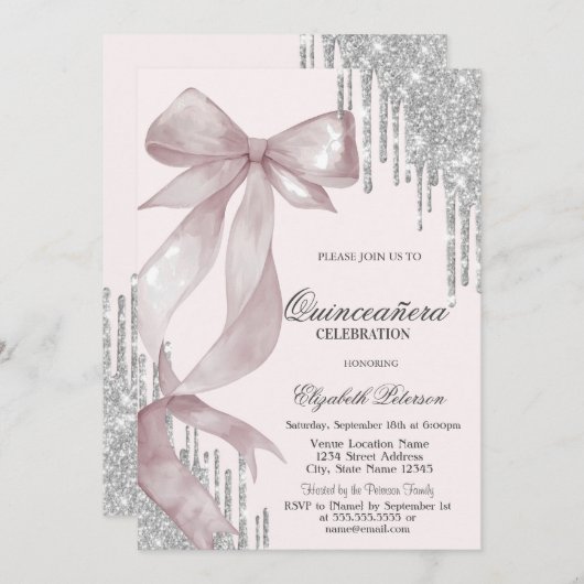Chic Pink Bow Silver Glitter Drips Quinceañera 招待状 (正面/裏面)