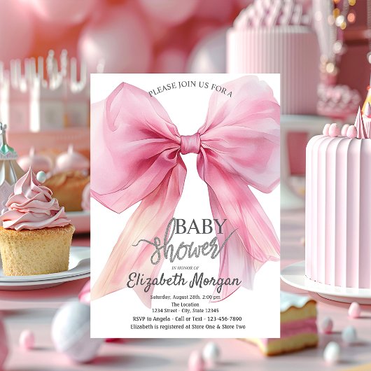 Chic Pink Bow Striped Baby Shower 招待状