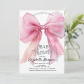 Chic Pink Bow Striped Baby Shower 招待状 (スタンド正面)