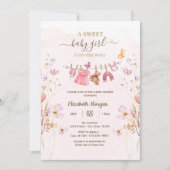 Chic Pink Clothesline Wildflowers Baby Shower 招待状 (正面)