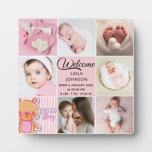 Chic Pink Custom name and baby girl photo collage フォトプラーク (正面)