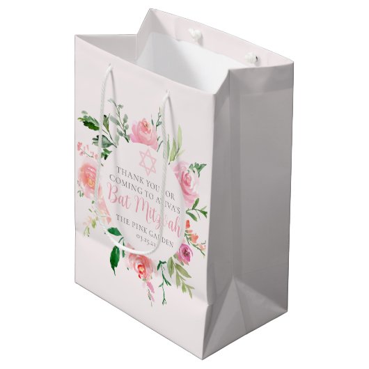 Chic Pink Floral Bat Mitzvah Jewish Birthday Party ミディアムペーパーバッグ (正面アングル)