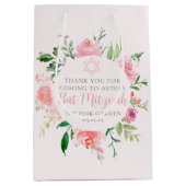 Chic Pink Floral Bat Mitzvah Jewish Birthday Party ミディアムペーパーバッグ (正面)