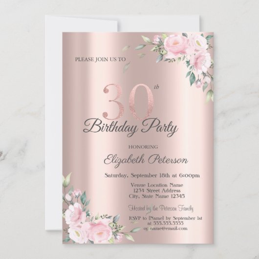 Chic Pink Floral Rose Gold 30th Birthday Party 招待状 (正面)