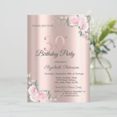 Chic Pink Floral Rose Gold 30th Birthday Party 招待状 (スタンド正面)
