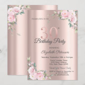 Chic Pink Floral Rose Gold 30th Birthday Party 招待状 (正面/裏面)