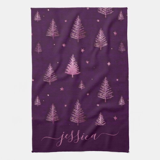 Chic pink glitter purple christmas trees name キッチンタオル (縦)