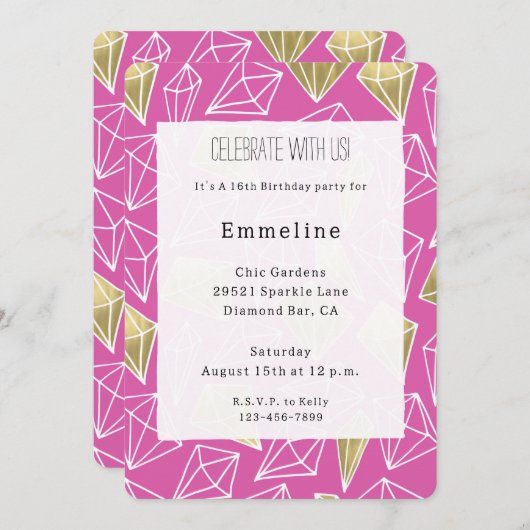 Chic Pink Gold Diamonds Birthday 招待状 (正面/裏面)