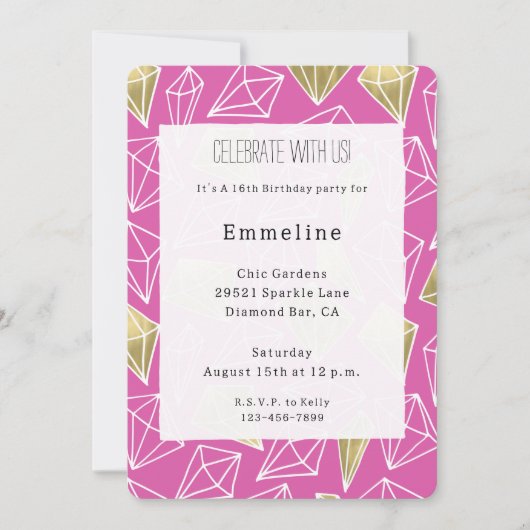 Chic Pink Gold Diamonds Birthday 招待状 (正面)