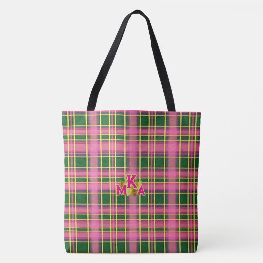 Chic Pink & Green Plaid Tote Bag with Monogram トートバッグ (正面)
