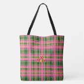 Chic Pink & Green Plaid Tote Bag with Monogram トートバッグ (裏面)