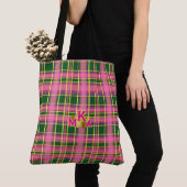 Chic Pink & Green Plaid Tote Bag with Monogram トートバッグ (クローズアップ)