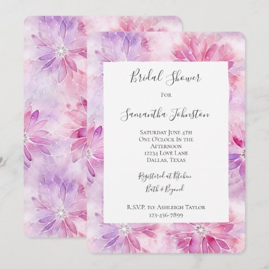 Chic Pink Lavender Floral Bridal Shower 招待状 (正面/裏面)