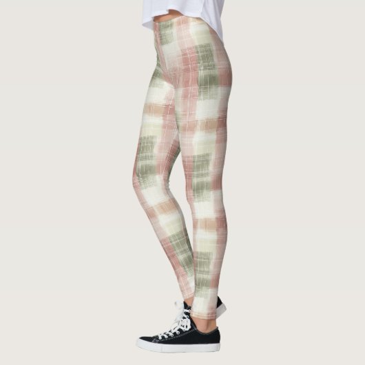 Chic Pink Mint Cream Plaid Stripes  レギンス (左)