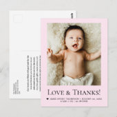Chic Pink Newborn Photo Love & Thanks Birth Stats ポストカード (正面/裏面)
