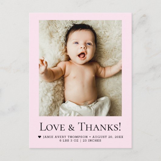 Chic Pink Newborn Photo Love & Thanks Birth Stats ポストカード (正面)