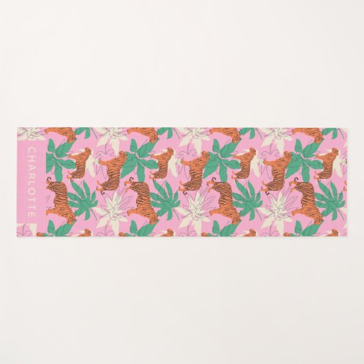 Chic Pink Orange Tiger Jungle Personalized Name ヨガマット (正面(横))