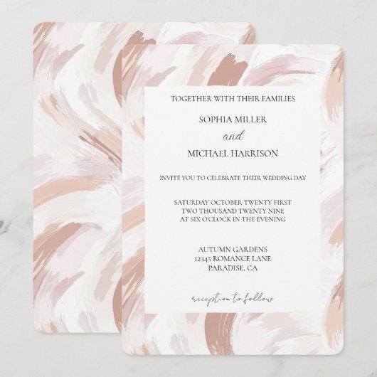 Chic Pink Rose Abstract Wedding 招待状 (正面/裏面)