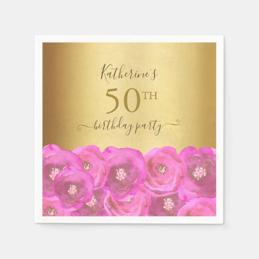 Chic Pink Rose Floral Gold 50th Birthday Party スタンダードカクテルナプキン (正面)