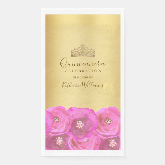 Chic Pink Rose Floral Gold Crown Quinceañera (正面)