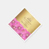 Chic Pink Rose Floral Gold Crown Quinceañera スタンダードカクテルナプキン (角)
