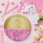 Chic Pink Rose Floral Gold Crown Quinceañera ペーパープレート (パーティー)