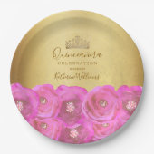 Chic Pink Rose Floral Gold Crown Quinceañera ペーパープレート (正面)