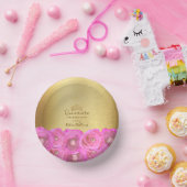 Chic Pink Rose Floral Gold Crown Quinceañera ペーパーボウル (パーティー)