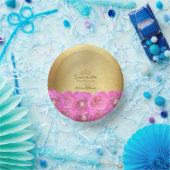 Chic Pink Rose Floral Gold Crown Quinceañera ペーパーボウル (パーティー)