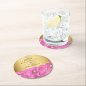 Chic Pink Rose Floral Gold Crown Quinceañera ラウンドペーパーコースター (インサイチュ)