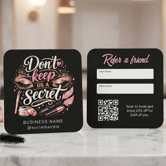 Chic Pink Script Referral Business Card QR Code スクエア名刺