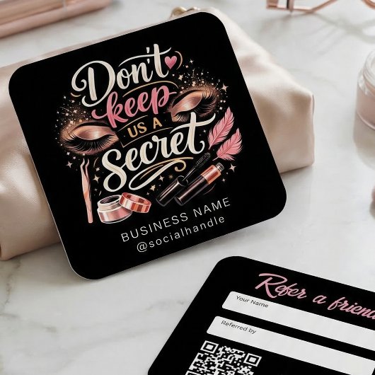 Chic Pink Script Referral Business Card QR Code スクエア名刺