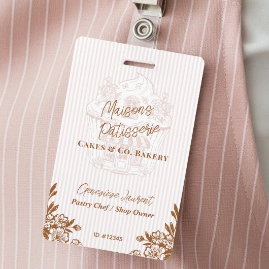 Chic Pink Stripe Cupcake Bakery Business Employee バッジ