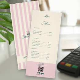 Chic Pink Stripes Green Bakery Logo QR Price ラックカード