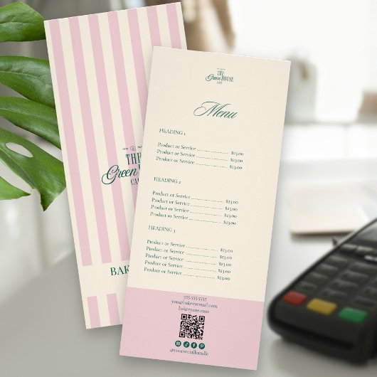 Chic Pink Stripes Green Bakery Logo QR Price ラックカード