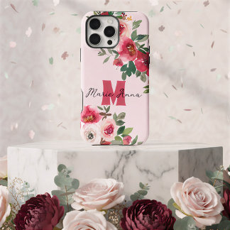 Chic Pink Watercolor Burgundy Floral Custom Name iPhone 16 Pro Maxケース